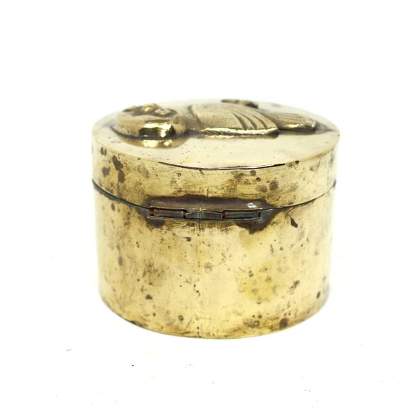 Brass Round Trinket Box with Raised Owl Motif on Lid, Jewelry Box Vintage MCM - Picture 4 of 8